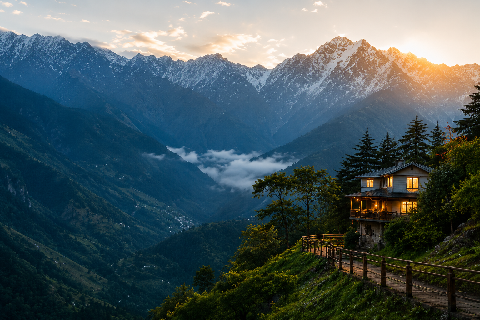 Himachal mountain house at golden sunset