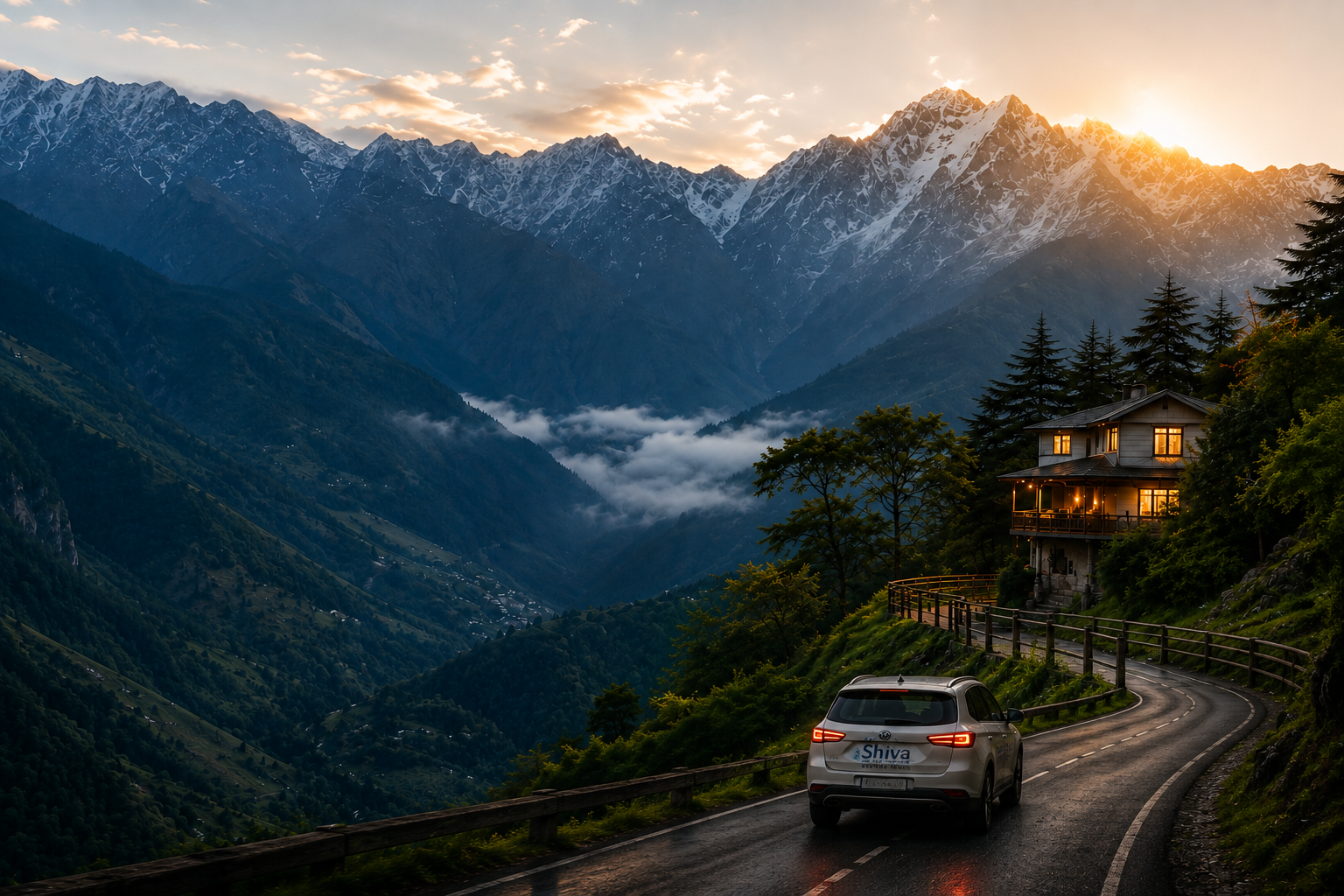 Mountain cabin path at dusk